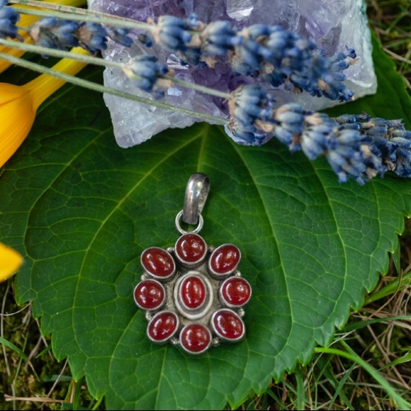 Sterling Silver Carnelian Flower Pendant - Picture 1 of 4